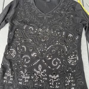 Black sequin women’s top with 3/4 length sleeve, women's size M